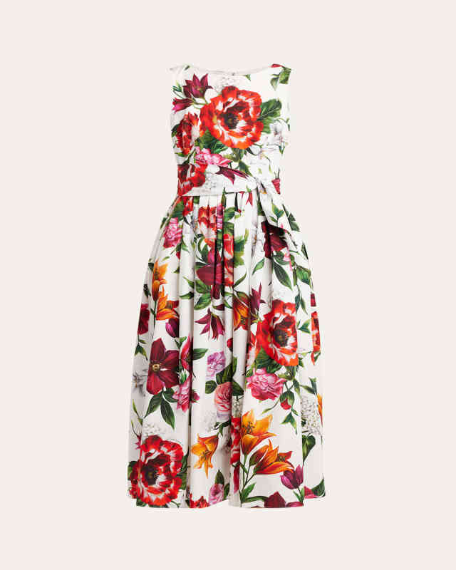 Anemone Floral Pleated Popeline Midi Dress With Belt